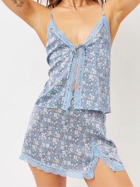 Frankie’s Bikinis Floral Lace-Trim Blue Cami & Skirt  Set